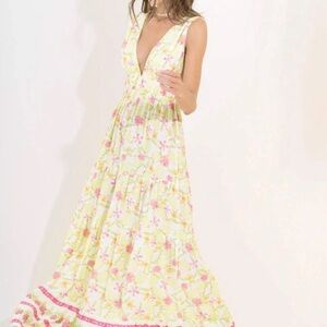 Maaji Yellow and Pink Tiered Maxi Dress sz Medium